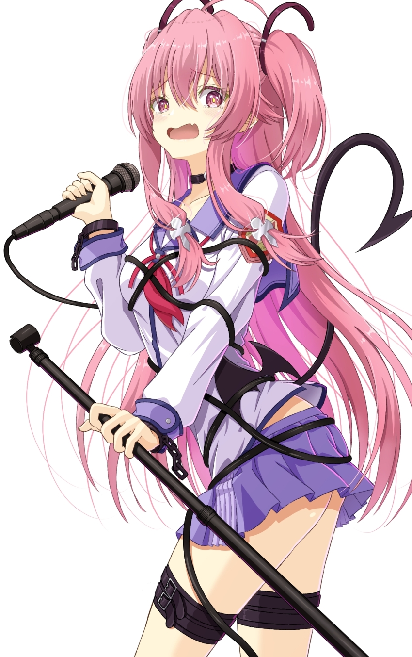 1girl ahoge angel_beats! ass black_choker blue_skirt blush choker commentary cowboy_shot cuffs demon_tail eyelashes eyes_visible_through_hair fake_tail fang hair_between_eyes hand_up handcuffs heaven_burns_red highres holding holding_microphone holding_microphone_stand long_hair long_sleeves looking_at_viewer microphone microphone_stand midriff_peek miniskirt mochimugi_rice neckerchief open_mouth pink_eyes pink_hair pink_neckerchief pleated_skirt raised_eyebrows shinda_sekai_sensen_uniform shirt sidelocks simple_background skin_fang skirt solo straight_hair tail tail_raised tearing_up tears thigh_strap two_side_up very_long_hair white_background white_shirt yellow_pupils yui_(angel_beats!)