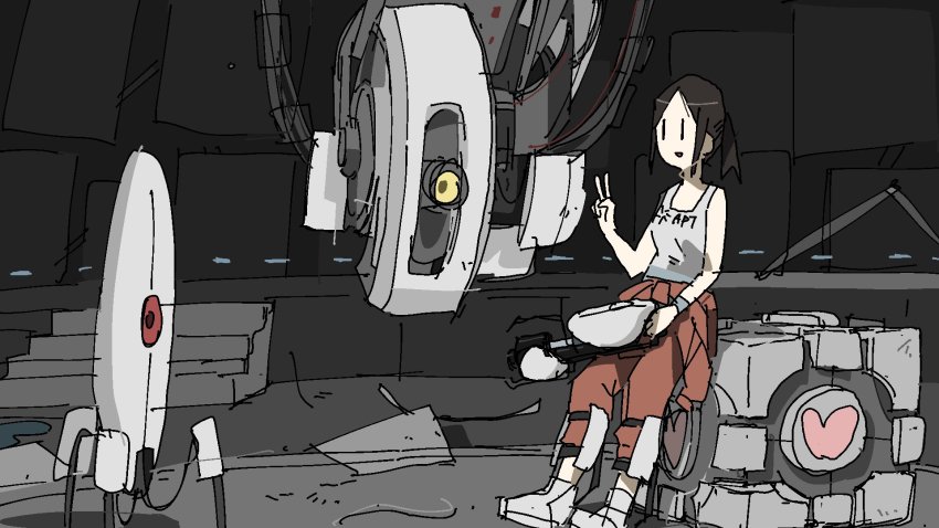 1girl aperture_laboratories aperture_science_handheld_portal_device aperture_science_weighted_companion_cube boots chell clothes_around_waist companion_cube glados highres jumpsuit ponytail portal portal_(series) portal_1 portal_2 robot sentry_turret_(portal) sidelocks sketch tank_top tsukumizu_yuu v |_|