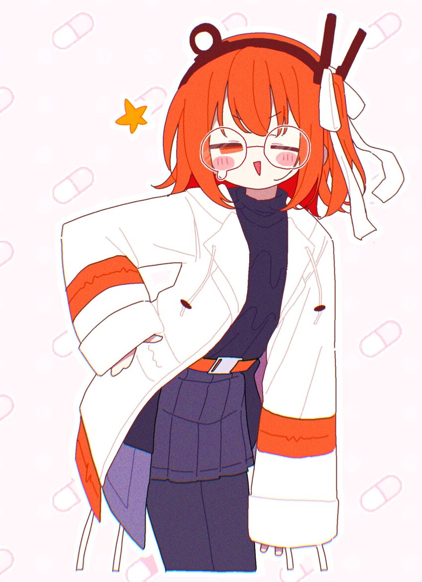 1girl a.i._voice adachi_rei banananosongen belt bespectacled black_hairband black_leggings black_shirt black_skirt blush_stickers commentary cropped_legs glasses hair_ribbon hairband half-closed_eye hand_on_own_hip headlamp highres jacket leaning_forward leggings long_sleeves looking_at_viewer medium_hair one_eye_closed one_side_up open_clothes open_jacket orange_belt orange_eyes outline pill_background pink_background pleated_skirt radio_antenna ribbon round_eyewear shirt shirt_tucked_in skirt sleeves_past_wrists smile solo star_(symbol) teardrop-framed_glasses triangle_mouth turtleneck utau v-shaped_eyebrows white_jacket white_outline white_ribbon