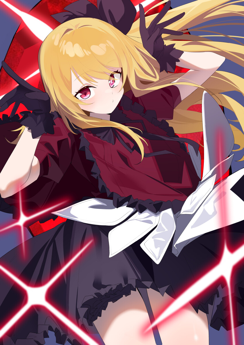 1girl absurdres black_gloves blonde_hair dress frilled_dress frills gloves highres hoshino_ruby long_hair looking_at_viewer oshi_no_ko red_eyes star_(symbol) star_in_eye symbol_in_eye very_long_hair wako_(1194433260)
