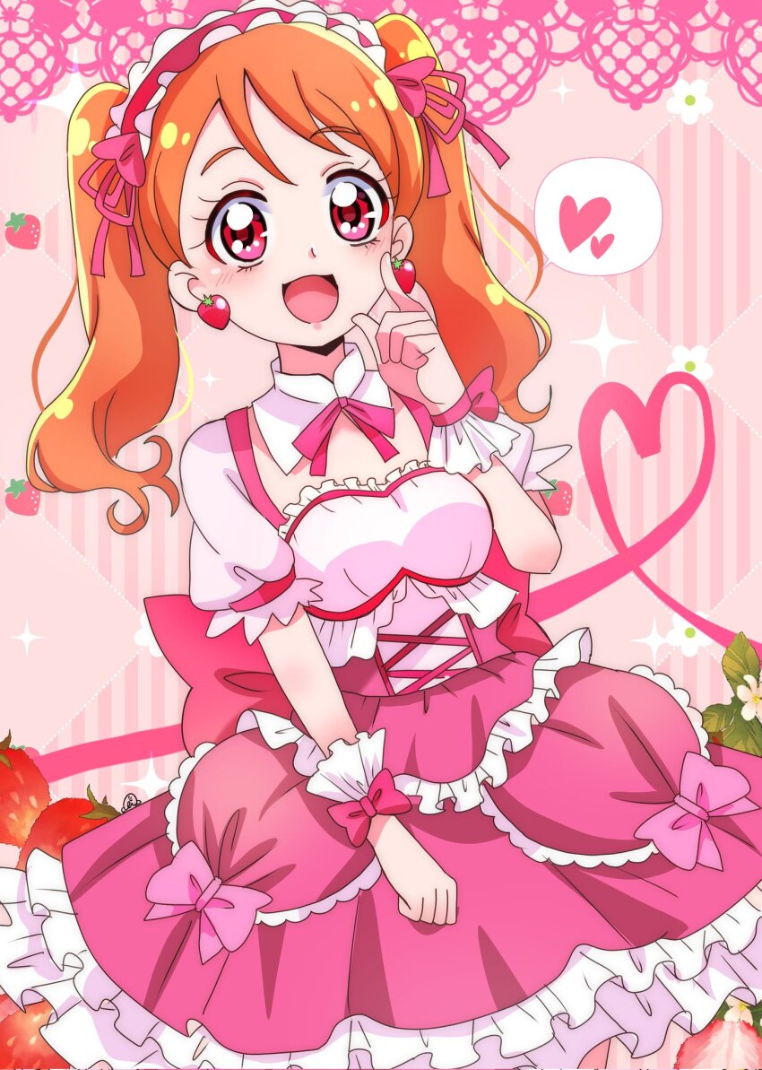 1girl alternate_costume anime_coloring argyle_background back_bow bow bow_skirt bowtie brown_hair clenched_hand collar cowboy_shot cross-laced_clothes cross-laced_skirt detached_collar earrings eyelashes food-themed_earrings food_themed_earrings frilled_hairband frilled_skirt frilled_sleeves frills hair_ribbon hairband hand_on_lap hand_on_own_cheek hand_on_own_face happy heart high-waist_skirt highres jewelry kirakira_precure_a_la_mode large_bow light_blush lolita_hairband long_hair looking_at_viewer miniskirt momotarouooi official_style open_mouth pink_background pink_bow pink_bowtie pink_eyes pink_hairband pink_ribbon pink_skirt precure puffy_short_sleeves puffy_sleeves ribbon shirt short_sleeves skirt smile solo spoken_heart square_neckline standing strawberry_background strawberry_earrings tareme twintails usami_ichika wavy_hair white_collar white_shirt white_wrist_cuffs wrist_bow wrist_cuffs