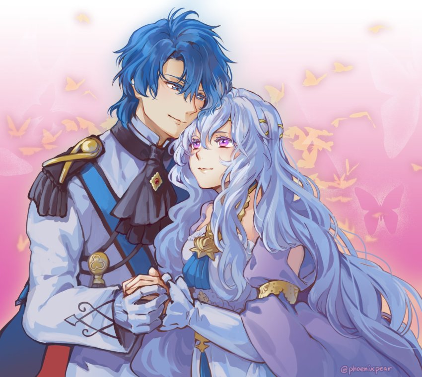 1boy 1girl ballgown ballroom_dress ballroom_gown blue_eyes blue_hair commentary couple deirdre_(fire_emblem) deirdre_(masquerade)_(fire_emblem) fire_emblem fire_emblem:_genealogy_of_the_holy_war hetero highres holding_hands jin_(phoenixpear) looking_at_another looking_down looking_up nintendo purple_eyes sigurd_(fire_emblem) sigurd_(masquerade)_(fire_emblem) symbol-only_commentary white_hair