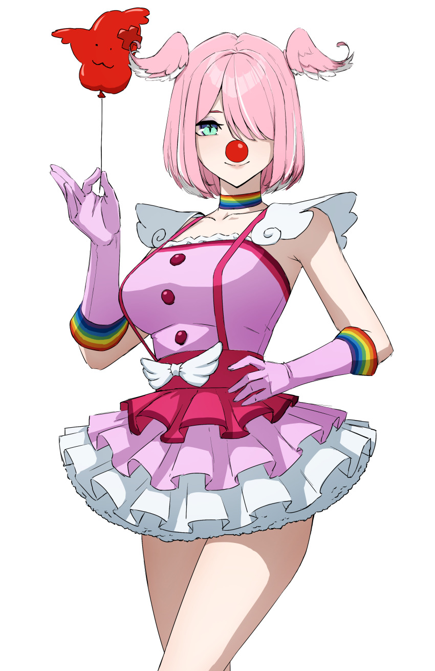 +_+ 1girl absurdres ace_attorney alternate_hair_color aqua_eyes balloon breasts choker closed_mouth clown_nose commentary cosplay daydarion elira_pendora english_commentary geiru_toneido geiru_toneido_(cosplay) gloves hair_over_one_eye hair_wings hand_on_own_hip highres large_breasts looking_at_viewer medium_hair nijisanji nijisanji_en one_eye_covered phoenix_wright:_ace_attorney_-_spirit_of_justice pink_gloves pink_hair pink_shirt pink_skirt rainbow_choker shirt simple_background skirt smile solo suspenders thighs virtual_youtuber white_background