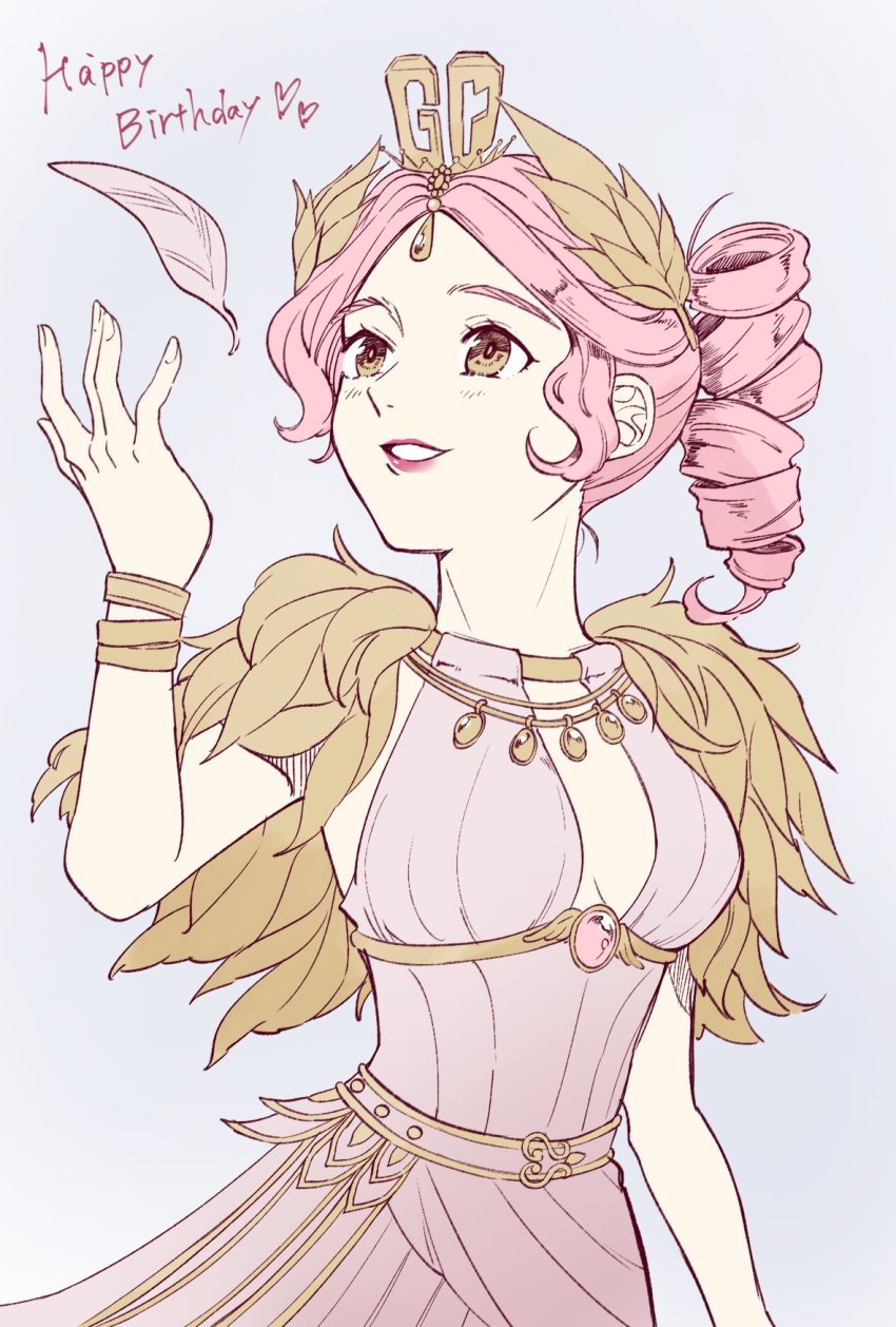 breasts brown_eyes cha_men_koi dress drill_hair feathers grey_background hair_behind_ear happy_birthday heart highres identity_v martha_behamfil martha_behamfil_(upright_judgement) medium_breasts official_alternate_costume parted_lips pink_dress pink_hair ponytail smile upper_body
