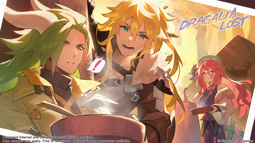! 1girl 2boys alberius_(dragalia_lost) artist_request beret blod bowl chest_strap cooking copyright_name dragalia_lost dragon_horns green_eyes green_hair hat holding holding_bowl holding_ladle horns humanoid_midgardsormr_(dragalia_lost) ladle looking_at_another looking_at_food multiple_boys myriam_(dragalia_lost) official_art open_mouth photo_(object) red_eyes red_hair smile speech_bubble spoon steam steaming_food tent
