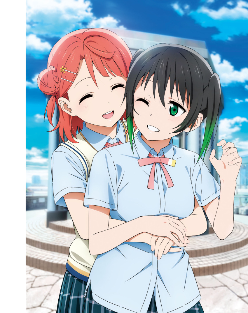 2girls artbook black_hair blue_shirt blunt_bangs braid braided_bun closed_eyes collared_shirt dress_shirt gradient_hair green_eyes green_hair hair_between_eyes hair_bun hair_ornament hairclip hairpin highres hug hug_from_behind love_live! love_live!_nijigasaki_high_school_idol_club medium_hair multicolored_hair multiple_girls neck_ribbon nijigasaki_school_uniform non-web_source official_art one_eye_closed open_mouth outdoors pink_hair plaid_clothes plaid_skirt pleated_skirt ribbon school_uniform shirt short_sleeves single_side_bun skirt sky smile summer_uniform sweater_vest swept_bangs takasaki_yu twintails two-tone_hair uehara_ayumu vest