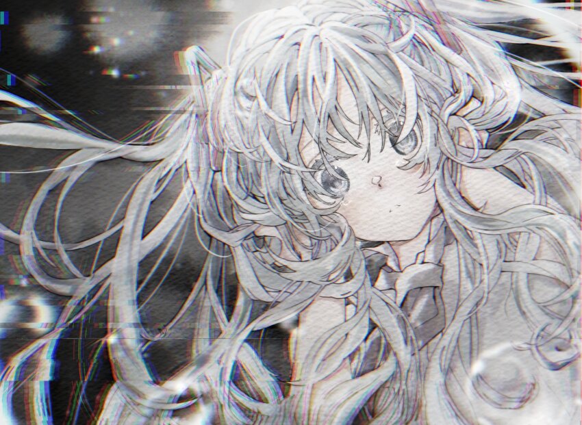 1girl aqua_eyes aqua_hair black_background black_necktie blue_eyes blue_hair covering_own_ears floating_hair glitch hair_ornament hatsune_miku highres light_particles long_hair looking_down muted_color necktie parted_lips shirt solo takeuchi_(a3) tearing_up twintails very_long_hair vocaloid