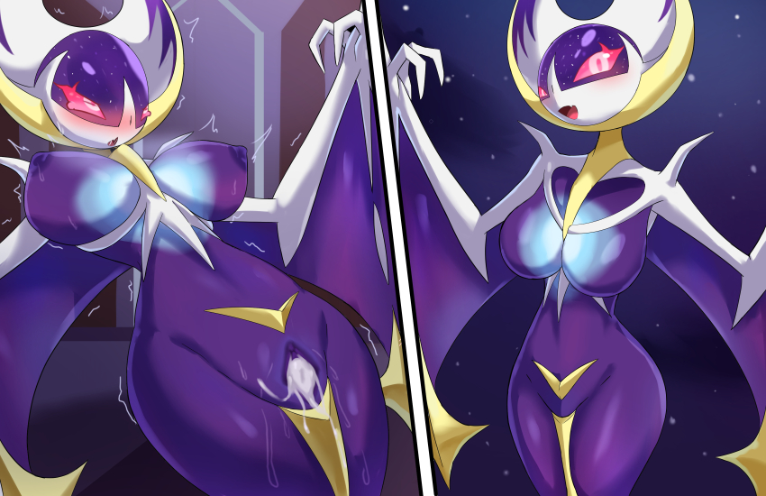 1girl absurdres after_vaginal aftersex bat_girl bat_wings breasts colored_sclera colored_skin completely_nude cowboy_shot cum cum_in_pussy cumdrip female_focus furrification furry furry_female gen_7_pokemon genderswap genderswap_(otf) highres implied_hetero large_breasts legendary_pokemon looking_at_viewer lunala mind_break motion_lines nintendo nipples nude open_mouth personification pink_sclera pokemon pokemon_(creature) purple_skin pussy rolling_eyes smile space torogao trembling uncensored white_eyes wide_hips wings zerokun135