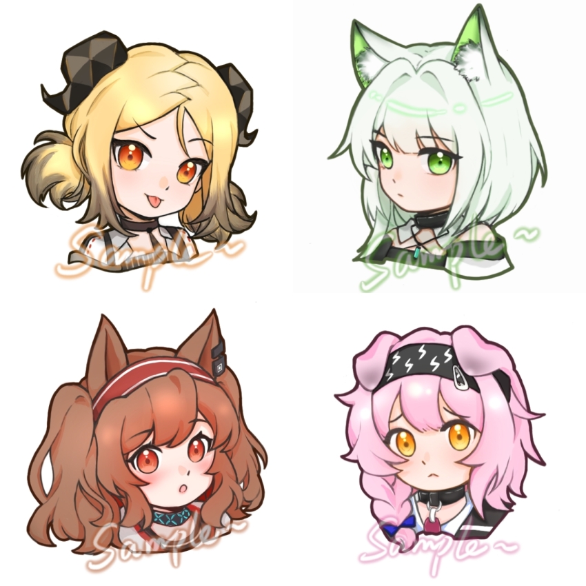 4girls :&lt; :o :p angelina_(arknights) animal_ear_fluff animal_ears arknights bare_shoulders black_choker black_hairband blonde_hair cat_ears chibi choker fox_ears goldenglow_(arknights) green_eyes hairband highres horns ifrit_(arknights) infection_monitor_(arknights) kal&#039;tsit_(arknights) lightning_bolt_print looking_at_viewer low_twintails mai_(mai1063240) multiple_girls open_mouth orange_eyes pink_hair red_hairband short_hair simple_background tongue tongue_out twintails watermark white_background white_hair