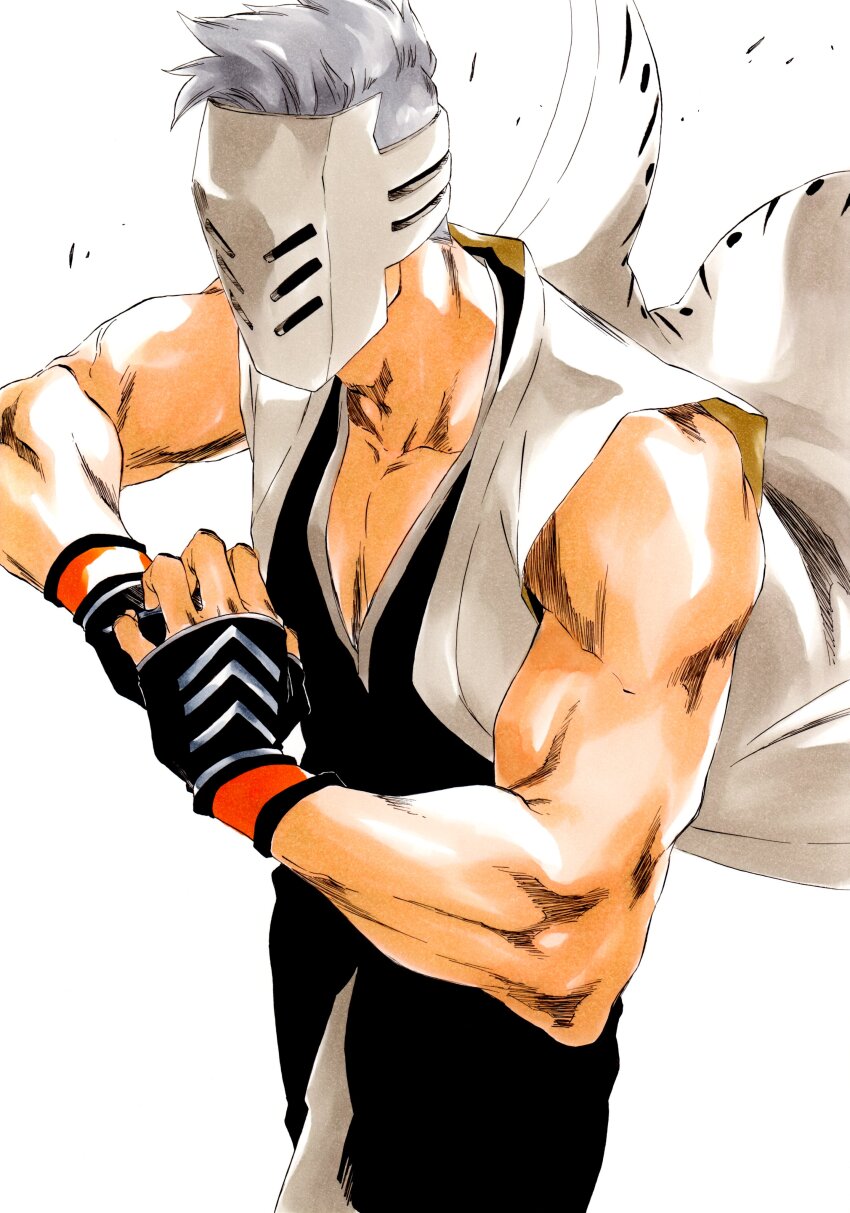 1boy absurdres black_hakama black_kimono bleach collarbone cowboy_shot cracking_knuckles fingerless_gloves gloves grey_hair hakama haori highres hollow_mask japanese_clothes ken&#039;ichi_(ken1ro_u) kimono male_focus mask muguruma_kensei muscular muscular_male shihakusho sleeveless sleeveless_kimono solo taichou_haori veins white_background