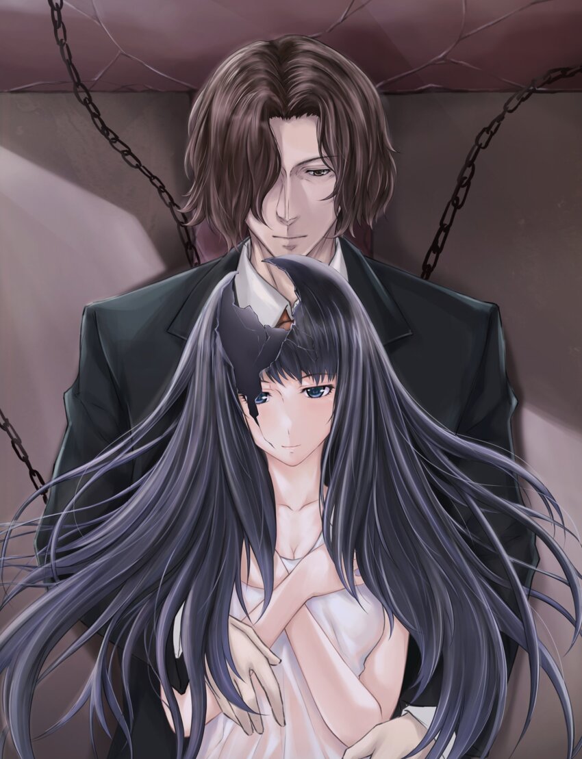 1boy 1girl absurdres black_hair black_suit blue_eyes brown_background brown_eyes brown_hair chain cracked_ceiling cracked_egg cracked_eyes cracked_shell cracked_skin floating_hair formal_clothes hair_over_one_eye highres hug hug_from_behind kara_no_shoujo kuchiki_touko long_hair looking_at_viewer looking_down nevermoreho shirt suit tokisaka_reiji upper_body white_shirt