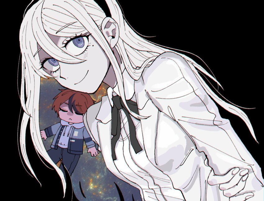10kachi55 1boy 1girl :&lt; black_background black_hairband black_jacket black_pants black_ribbon black_streaks chibi closed_eyes collared_shirt floating grey_eyes grey_jacket hairband hand_on_own_arm hashtag-only_commentary highres hood hoodie jacket kashimiya_karua long_hair looking_at_viewer multicolored_hair multicolored_jacket nebula neck_ribbon pants red_hair ribbon shirt short_hair simple_background smile streaked_hair sumino_takumi the_hundred_line_-last_defense_academy- two-tone_jacket upper_body white_hair white_hoodie white_jacket white_shirt