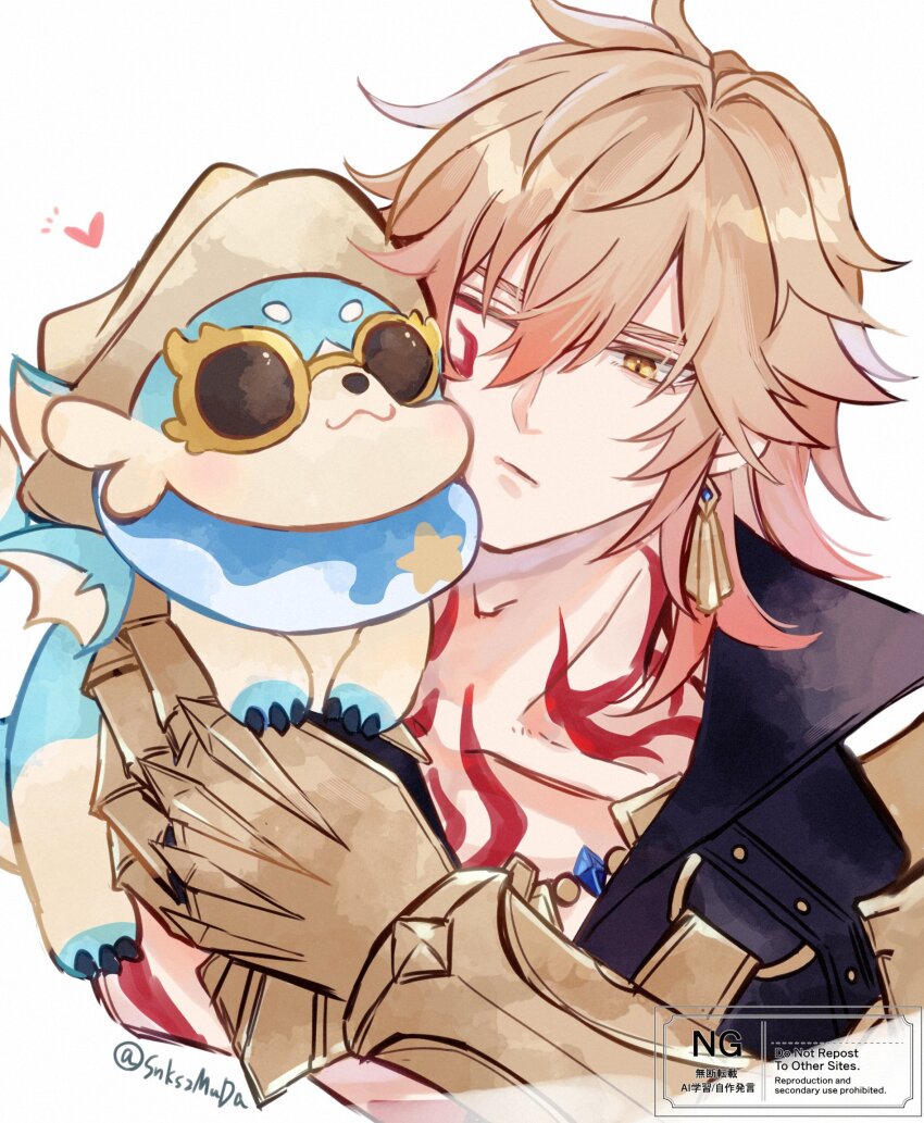 1boy black_coat blonde_hair braid bubbles_(honkai:_star_rail) chest_tattoo chimera_(honkai:_star_rail) clawed_gauntlets coat commentary_request creature facial_tattoo gradient_hair hair_between_eyes highres holding holding_creature honkai:_star_rail honkai_(series) male_focus medium_hair multicolored_hair mydei_(honkai:_star_rail) neck_tattoo one_eye_closed open_clothes open_coat red_hair red_tattoo sanko_(snks2muda) side_braid simple_background solo tattoo twitter_username watermark white_background yellow_eyes
