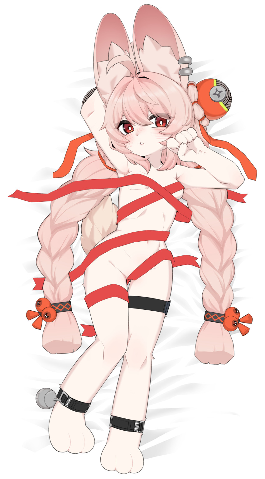 1girl absurdres armpits blush breasts cow_coconut female_focus furry furry_female highres loli long_hair looking_at_viewer lying naked_ribbon on_back open_mouth pink_fur pink_hair rabbit_ears rabbit_girl rabbit_tail red_eyes ribbon small_breasts solo twintails very_long_hair zenless_zone_zero zhao_(zenless_zone_zero)