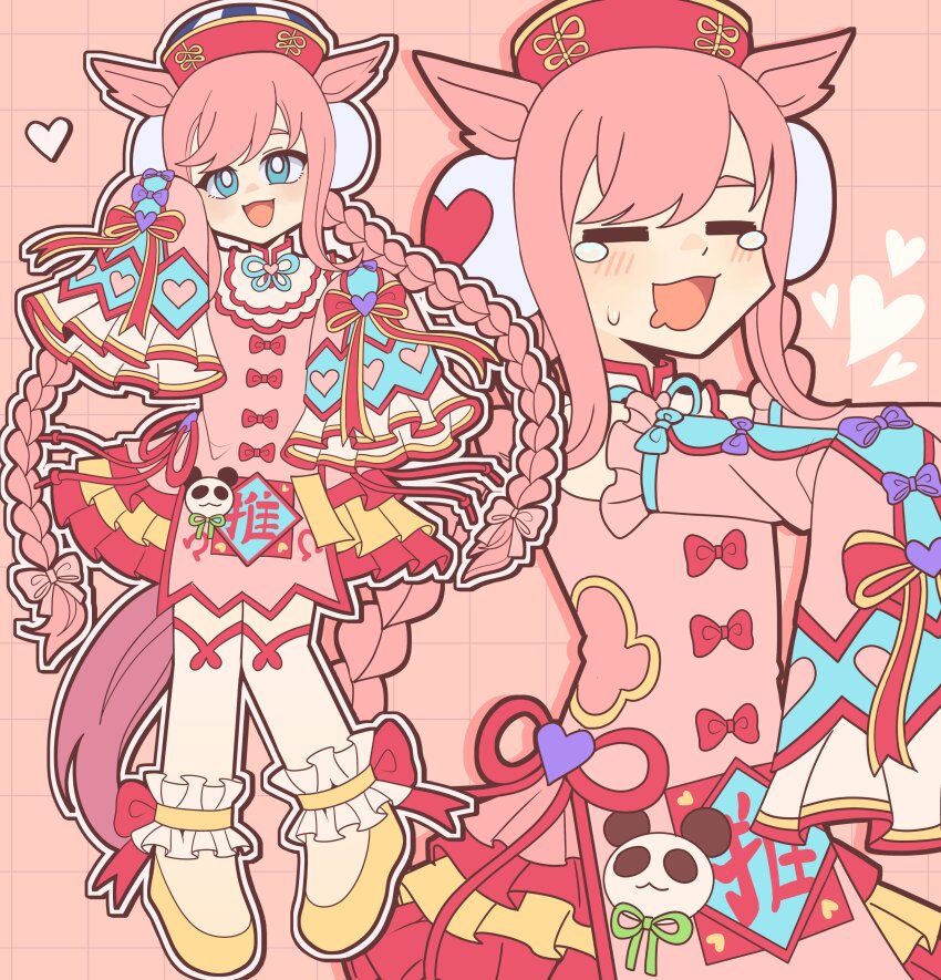 1girl absurdres agnes_digital_(lovely_jiangshi)_(umamusume) agnes_digital_(umamusume) animal_ears blue_eyes blush bobamiruku braid bright_pupils closed_eyes commentary detached_sleeves double_bun dress drooling english_commentary hair_bun hat heart highres horse_ears horse_girl horse_tail jiangshi jiangshi_costume long_hair long_sleeves low_twin_braids mouth_drool official_alternate_costume official_alternate_hairstyle ofuda open_mouth outstretched_arms pink_dress pink_hair pink_sleeves qingdai_guanmao sleeves_past_fingers sleeves_past_wrists smile sweatdrop tail twin_braids umamusume white_pupils zombie_pose