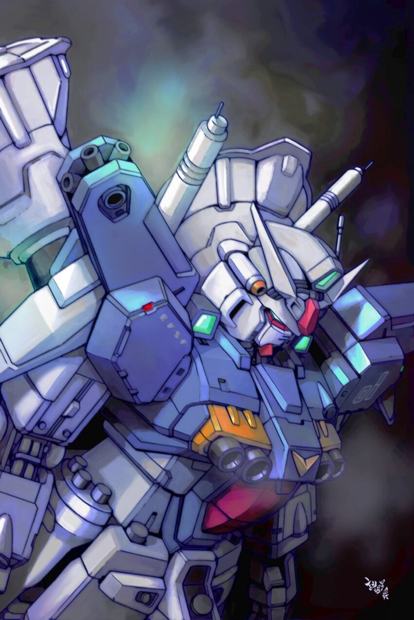 arms_at_sides commentary green_eyes gundam gundam_0083 gundam_gp-01_full_vernian_zephyranthes highres mecha mecha_focus mobile_suit moroboshi_danshaku no_humans open_hand robot science_fiction smoke solo upper_body v-fin