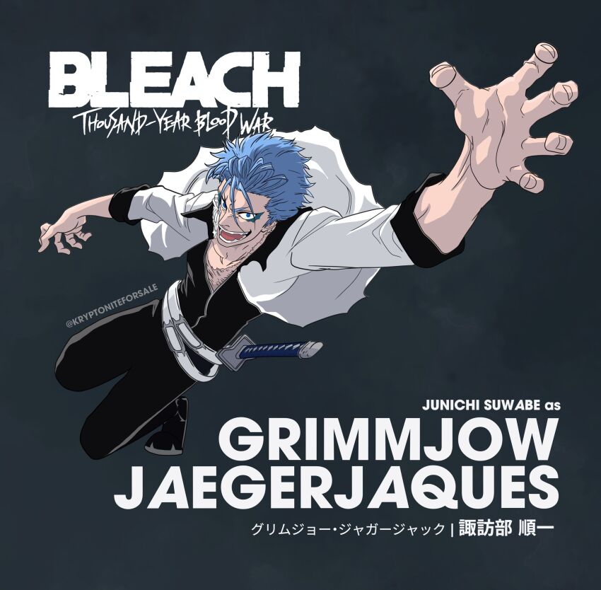 1boy :d alt_text black_pants black_shirt bleach bleach:_sennen_kessen-hen blue_eyes blue_hair character_name claw_pose commentary copyright_name crazy_eyes crazy_smile dutch_angle english_commentary facial_mark fangs fighting_stance foreshortening full_body grey_background grimmjow_jaegerjaquez hair_between_eyes highres katana kryptonite4sale long_sleeves looking_at_viewer male_focus open_clothes open_mouth open_shirt pants scar scar_on_chest shirt short_hair simple_background smile solo spiked_hair sword teeth torn_clothes torn_shirt twitter_username upturned_eyes v-shaped_eyebrows weapon white_shirt