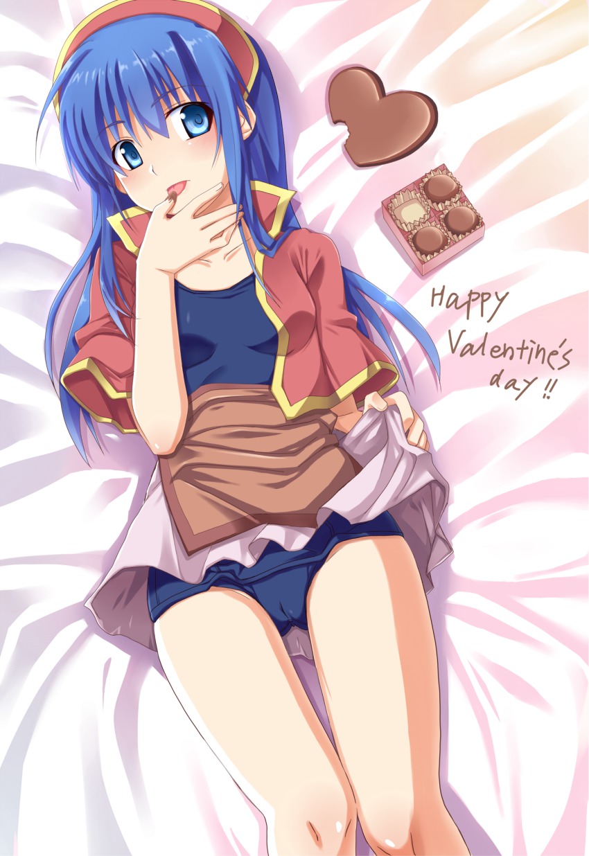 1girl apron bed bed_sheet blue_eyes blue_hair blush box box_of_chocolates breasts cameltoe candy chocolate chocolate_heart clothes_lift eating female_focus fire_emblem fire_emblem:_the_binding_blade food happy_valentine headdress heart highres jacket knees_together_feet_apart legs_together licking licking_finger lilina_(fire_emblem) long_hair lying matching_hair/eyes medium_breasts nintendo on_back on_bed one-piece_swimsuit pink_skirt red_jacket school_swimsuit sexually_suggestive skirt skirt_lift solo swimsuit swimsuit_under_clothes text_focus tongue tongue_out valentine yuki_(sumaburalove)