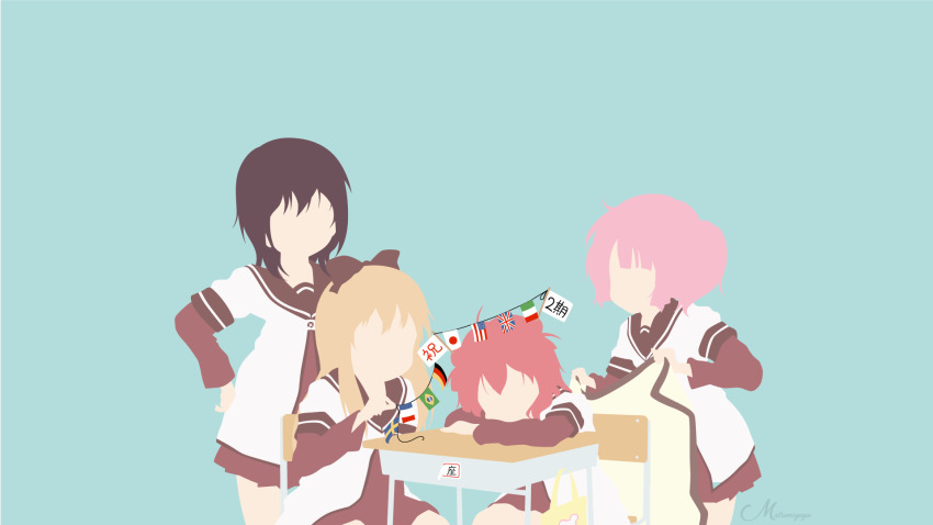 4girls akaza_akari bag black_hair blonde_hair derivative_work desk double_bun faceless flags_of_all_nations funami_yui green_background hair_bun hand_on_own_hip handbag highres matsumayu multiple_girls nanamori_school_uniform pink_hair red_hair school_uniform serafuku simple_background sitting sleeping string_of_flags toshinou_kyouko twintails union_jack vector_trace yoshikawa_chinatsu yuru_yuri