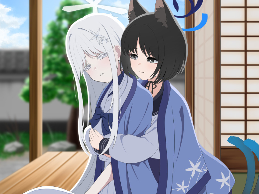 2girls animal_ear_fluff animal_ears black_choker black_eyes black_hair blue_archive blue_bow blue_haori blue_sailor_collar blush bob_cut bow cat_ears cat_girl cat_tail choker haori hug hug_from_behind japanese_clothes kikyou_(blue_archive) kuinanoda long_hair looking_at_another multiple_girls multiple_tails nagusa_(blue_archive) parted_bangs parted_lips sailor_collar shirt short_hair sidelocks smile tail two_tails white_eyes white_hair white_shirt