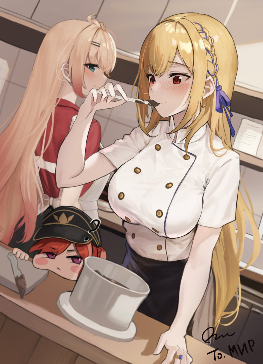 3girls ? absurdres agony_(pixiv_16266748) apron aqua_eyes azur_lane black_hat blonde_hair blue_ribbon braid chocolate_making gradient_hair hair_ornament hair_ribbon hairclip hat highres howe_(azur_lane) jewelry king_george_v_(azur_lane) kitchen lips long_hair monarch_(azur_lane) multicolored_hair multiple_girls peaked_cap purple_eyes red_eyes red_hair ribbon ring short_sleeves tasting very_long_hair white_apron