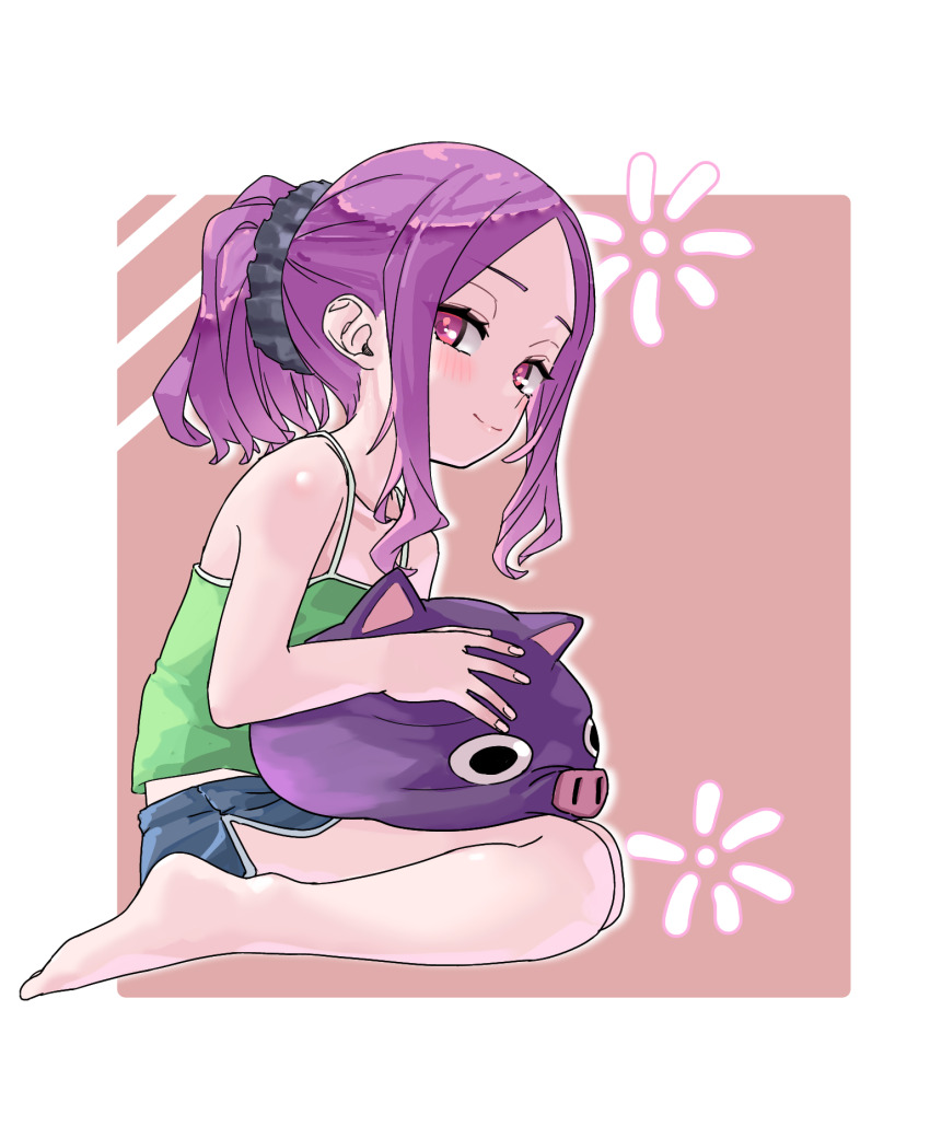 1girl bare_arms bare_shoulders blush breasts curvy doll facial_mark fate/grand_order fate_(series) forehead forehead_mark green_vest hair_ornament hair_scrunchie high_ponytail highres holding looking_at_viewer niwaikanai parted_bangs ponytail purple_eyes purple_hair scrunchie sitting small_breasts smile solo stuffed_animal stuffed_toy thighs vest wu_zetian_(fate)