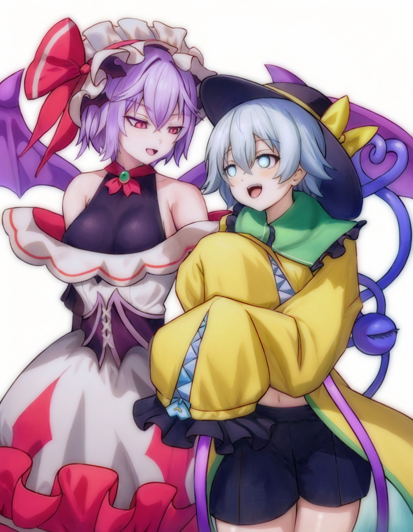 2girls alternate_costume bare_shoulders bat_wings black_shirt black_shorts breasts brooch buttons collar commentary_request dress eyeball frills gloves green_collar grey_eyes grey_hair grin hair_ornament hairband hat hat_ribbon heart heart_of_string highres jacket jewelry komeiji_koishi long_sleeves medium_breasts merihari07 multiple_girls red_eyes remilia_scarlet ribbon shirt short_hair shorts skirt sleeveless sleeveless_shirt sleeves_past_wrists slit_pupils smile third_eye touhou touhou_gensou_eclipse white_dress wide_sleeves wings yellow_jacket yuri