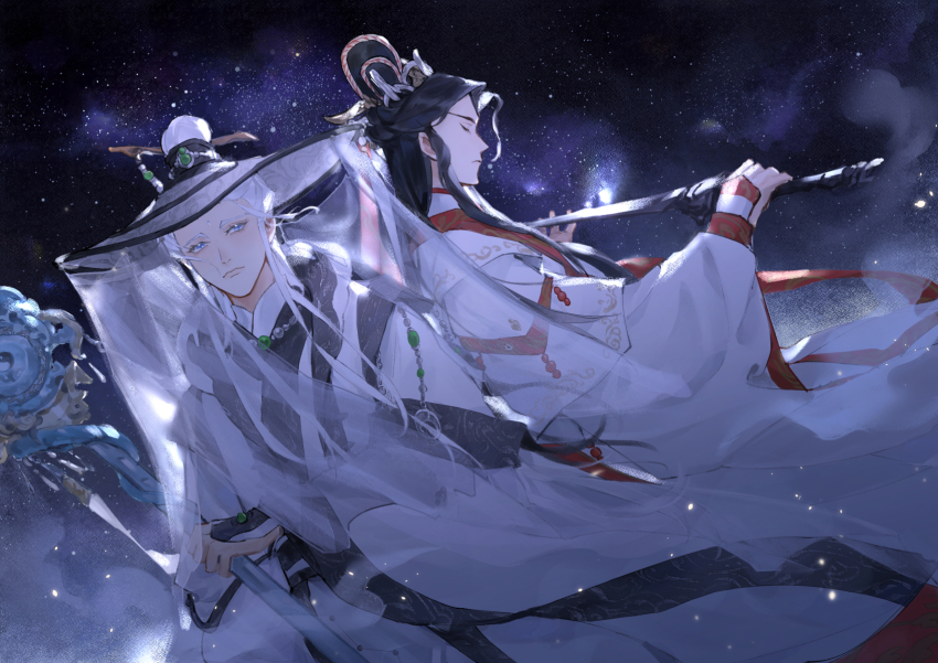 2boys beads black_hair black_hat blue_eyes chinese_clothes chinese_commentary closed_mouth dutch_angle flute hair_ornament hair_stick hanfu haotian_xuansu hat highres holding holding_staff holding_sword holding_weapon instrument jewelry jian_(weapon) jinguang_budaixi long_hair long_sleeves looking_at_viewer male_focus mo_lisao multiple_boys night night_sky profile robe sky staff staff_(weapon) standing star_(sky) starry_sky sword tassel veil weapon white_hair white_hanfu white_robe wide_sleeves wuxia zhao_yi