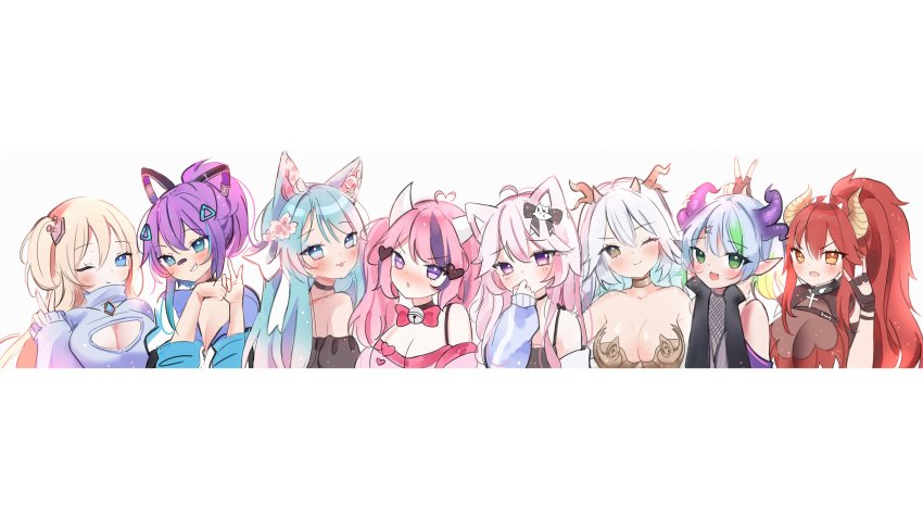 6+girls :o absurdres animal_ears anyuu apricot_the_lich apricot_the_lich_(1st_costume) bell black_choker black_shirt blue_eyes blue_hair blush bow breasts brown_eyes cat_ears cat_girl choker cleavage cleavage_cutout clothing_cutout commentary dragon_girl dragon_horns english_commentary everyone flower green_eyes green_hair grey_sweater hair_flower hair_ornament highres hime_hajime hime_hajime_(1st_costume) horns indie_virtual_youtuber ironmouse ironmouse_(1st_costume) long_hair long_sleeves looking_at_viewer m/ melody_(projektmelody) melody_(projektmelody)_(4th_costume) multiple_girls neck_bell nyatasha_nyanners off-shoulder_sweater off_shoulder one_eye_closed pink_bow pink_flower pink_hair pink_sweater pointy_ears ponytail purple_eyes red_hair shirt short_hair silvervale sleeves_past_wrists smile sweater tongue tongue_out v v-shaped_eyebrows vei_(vtuber) vei_(vtuber)_(sky_empress) virtual_youtuber vshojo wolf_ears wolf_girl zentreya zentreya_(dragon) zentreya_(dragon)_(1st_costume)