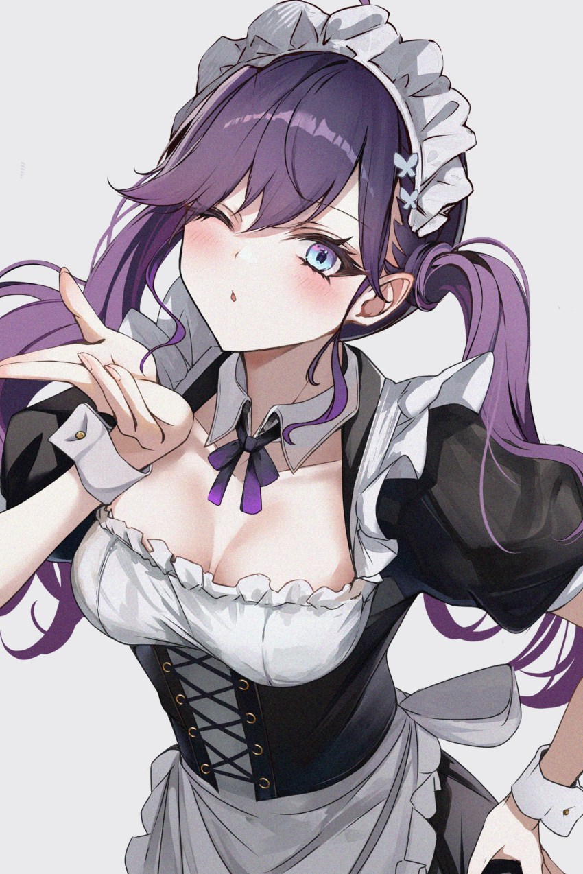 1girl ;o absurdres ahoge alternate_costume apron black_dress blowing_kiss blush breasts butterfly_hair_ornament cleavage collarbone commentary corset detached_collar dress enmaided fingernails frilled_apron frills gakuen_idolmaster hair_ornament hand_on_own_hip highres idolmaster kaya_rinha kurohikage long_hair looking_at_viewer maid maid_apron maid_headdress medium_breasts neck_ribbon one_eye_closed puffy_short_sleeves puffy_sleeves purple_hair purple_ribbon ribbon short_sleeves simple_background solo twintails very_long_hair white_apron wrist_cuffs