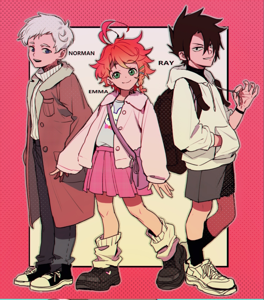 1girl 2boys backpack bag black_bag black_hair black_pants black_shoes bracelet braid brown_coat character_name coat emma_(yakusoku_no_neverland) full_body grey_hair hair_ornament hairclip highres hood hood_down hoodie jewelry multiple_boys neck_tattoo norman_(yakusoku_no_neverland) number_tattoo orange_hair pants pink_skirt purple_eyes qin_(7833198) ray_(yakusoku_no_neverland) shoes skirt sleeves_past_wrists socks tattoo white_hoodie white_socks yakusoku_no_neverland