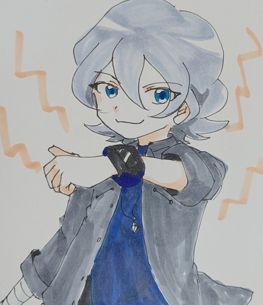 bandaged_arm bandages blue_eyes blue_shirt digimon digimon_ghost_game higashimitarai_kiyoshiro highres jacket looking_at_viewer lpinoniql_pig shirt short_hair smile white_hair