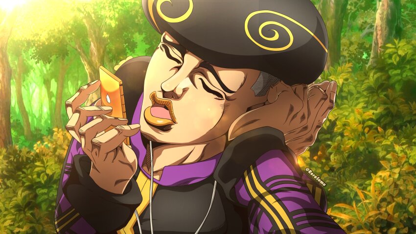 1boy absurdres afro anime_coloring araki_hirohiko_(style) black_hair black_shirt bush cellphone closed_eyes commentary digital_media_player earbuds earphones forest grey_hair highres holding_digital_media_player jojo_no_kimyou_na_bouken jojolion listening_to_music male_focus nature open_mouth outdoors phone purple_sleeves rerosama shirt solo spiral sunlight tooru_(jojolion) tree