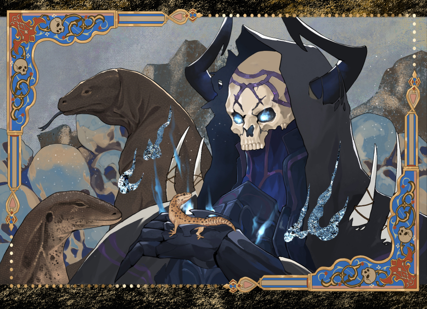 1boy armor black_cloak blue_fire border breastplate cloak dongdi_cangyang fate/grand_order fate_(series) fire flaming_eyes highres hood hooded_cloak horns king_hassan_(fate) lizard male_focus mask ornate_border portrait skull_mask