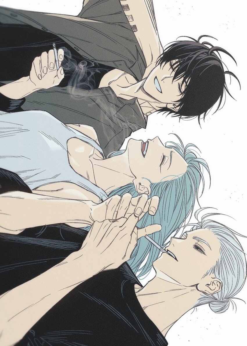 1girl 2boys akao_rion arm_tattoo bare_shoulders black_shirt black_undershirt blue_hair breasts cigarette closed_eyes collarbone eyelashes fingernails forehead grey_shirt hair_bun hair_slicked_back hand_on_own_neck hands_up head_tilt highres holding holding_cigarette kuroiisana laughing long_hair looking_at_hands medium_breasts multiple_boys nagumo_(sakamoto_days) neck_tattoo open_clothes open_mouth open_shirt sakamoto_days sakamoto_taro shirt short_hair sideways simple_background single_hair_bun smoke smoking straight_hair tank_top tattoo teeth upper_body white_background white_hair white_tank_top wind
