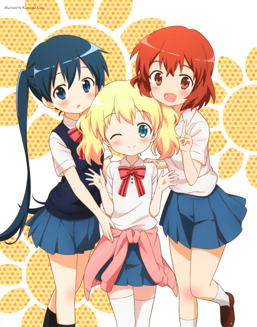3girls :d ;) absurdres alice_cartelet artist_name black_socks blonde_hair blue_eyes blue_hair blue_skirt blue_vest blush bow bowtie brown_eyes brown_hair brown_shoes cardigan cardigan_around_waist clothes_around_waist collared_shirt fang hand_on_another&#039;s_shoulder highres inokuma_youko kin-iro_mosaic komichi_aya loafers looking_at_viewer miniskirt moegi_high_school_uniform multiple_girls non-web_source official_art one_eye_closed open_hands open_mouth pink_bow pink_bowtie pink_cardigan pleated_skirt scan school_uniform shirt shoes short_hair short_sleeves skirt smile socks standing striped_bow striped_bowtie striped_clothes summer_uniform thighhighs twintails ueta_kazuyuki v vest w_arms white_shirt white_socks white_thighhighs