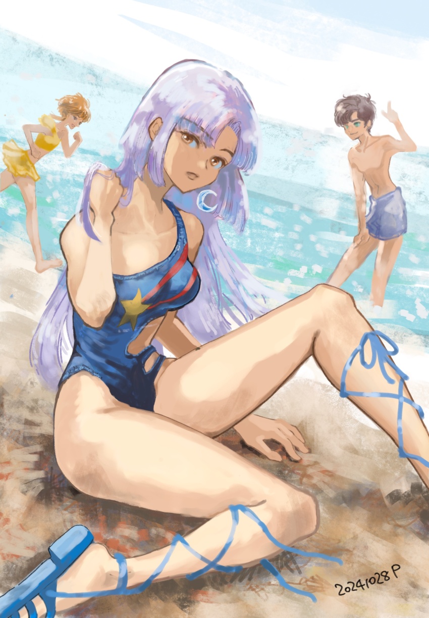 1boy 2girls beach commentary dated day elpeo_puru gundam gundam_zz highres horizon judau_ashta long_hair medium_hair multiple_girls okrdisk2000 one-piece_swimsuit orange_hair purple_eyes purple_hair roux_louka sand shore shorts sitting swimsuit very_long_hair water