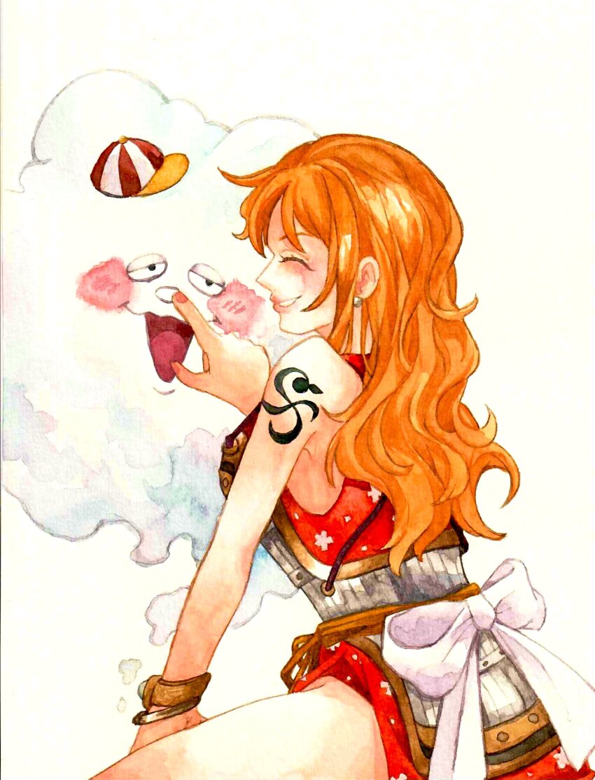 1girl ^_^ arm_tattoo blush bracelet closed_eyes cloud cloudy_sky commentary earrings hand_on_another&#039;s_face hat highres japanese_clothes jewelry kimono log_pose long_hair looking_at_another nami_(one_piece) nami_(one_piece)_(onigashima) one_piece orange_hair pearl_earrings red_kimono sash short_kimono shoulder_tattoo sinoda_maru7326 sitting sky sleeveless sleeveless_kimono smile tattoo thighs zeus_(one_piece)