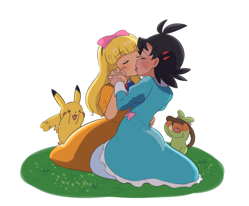 &gt;_&lt; 2boys :o ash_ketchum ashley_(pokemon) black_hair blonde_hair blue_dress bow covering_own_eyes crossdressing dress gen_1_pokemon gen_8_pokemon goh_(pokemon) grookey hair_bow hair_ornament hairclip highres holding_hands kawachaneel kiss long_sleeves male_focus multiple_boys nintendo orange_dress pikachu pink_bow pokemon pokemon_(anime) pokemon_(classic_anime) pokemon_(creature) pokemon_journeys sitting trap_on_trap white_background yaoi