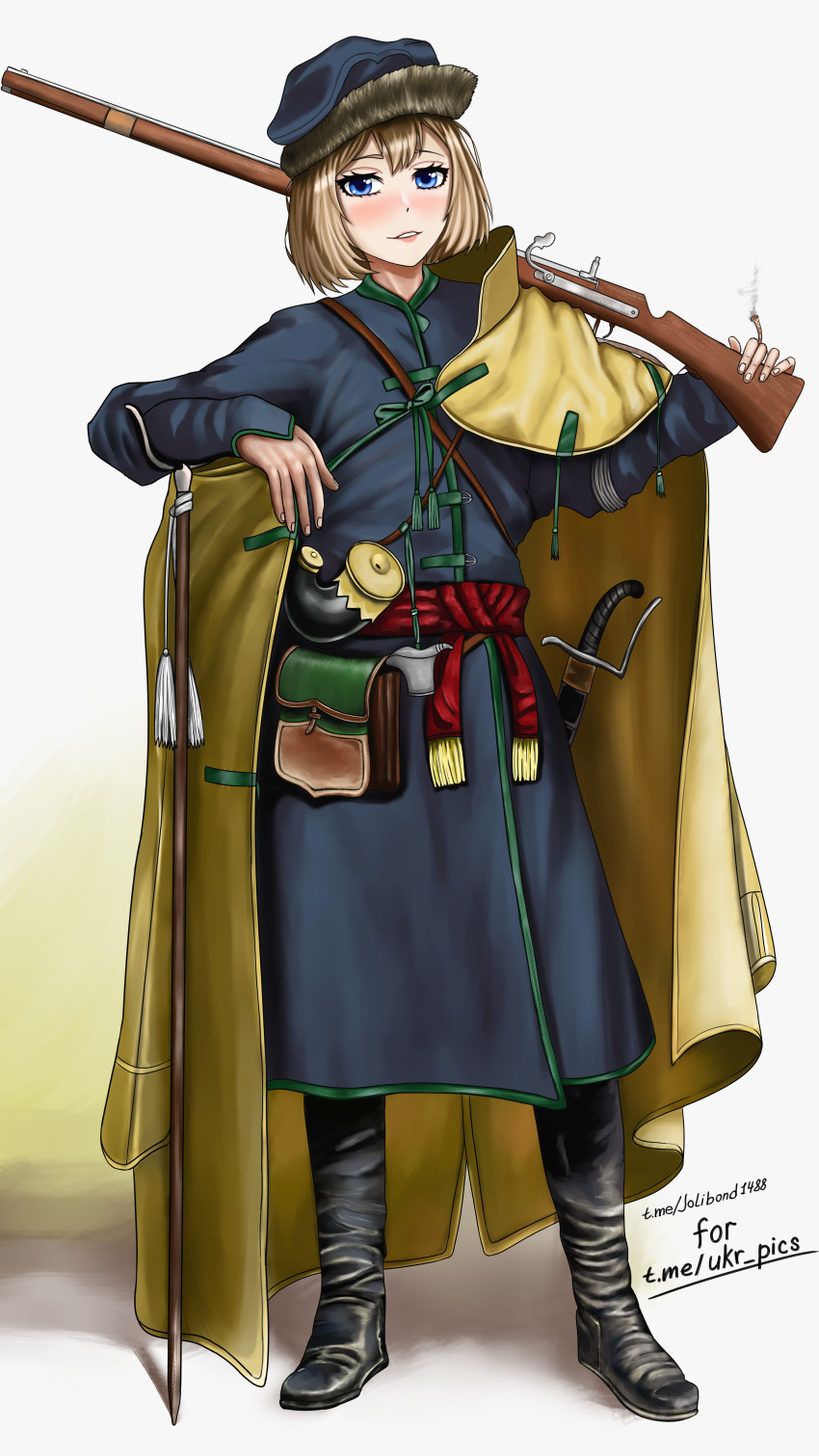 1girl absurdres antique_firearm artist_name banner belt_pouch black_boots blonde_hair blue_coat blue_eyes blue_hat blush boots cape coat cossack english_text firearm firelock full_body fur-trimmed_headwear fur_trim grin gun hair_between_eyes hat highres jolibond knee_boots leaning leaning_on_object long_coat looking_at_viewer marichka matchlock military military_uniform musket original over_shoulder pouch powder_horn red_sash rifle saber_(weapon) sash scabbard sheath short_hair signature smile solo standing strap sword tassel teeth waist_sash weapon weapon_on_back weapon_over_shoulder yellow_cape