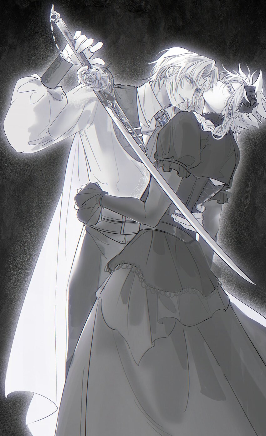 2boys arm_around_waist ascot black_background black_dress black_flower black_hairband braid closed_mouth cloud_strife cloud_strife_(blue_dress) coat collared_shirt crossdressing dress feet_out_of_frame final_fantasy final_fantasy_vii final_fantasy_vii_ever_crisis final_fantasy_vii_remake flower greyscale hair_between_eyes hair_flower hair_ornament hairband hand_on_another&#039;s_back highres holding holding_sword holding_weapon long_coat long_dress long_hair long_sleeves looking_at_viewer male_focus monochrome multiple_boys official_alternate_costume parted_lips puffy_long_sleeves puffy_short_sleeves puffy_sleeves rongwen027 sephiroth sephiroth_(blue_bramble) sephiroth_(dark_attire) sephiroth_(ever_crisis) shirt short_hair short_sleeves smile sword twin_braids weapon white_coat white_shirt yaoi
