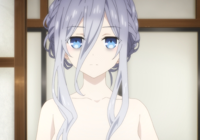 1girl anime_screenshot bags_under_eyes blue_eyes braid breasts collarbone date_a_live grey_hair hair_between_eyes highres large_breasts looking_at_viewer murasame_reine nude sidelocks stitched third-party_edit
