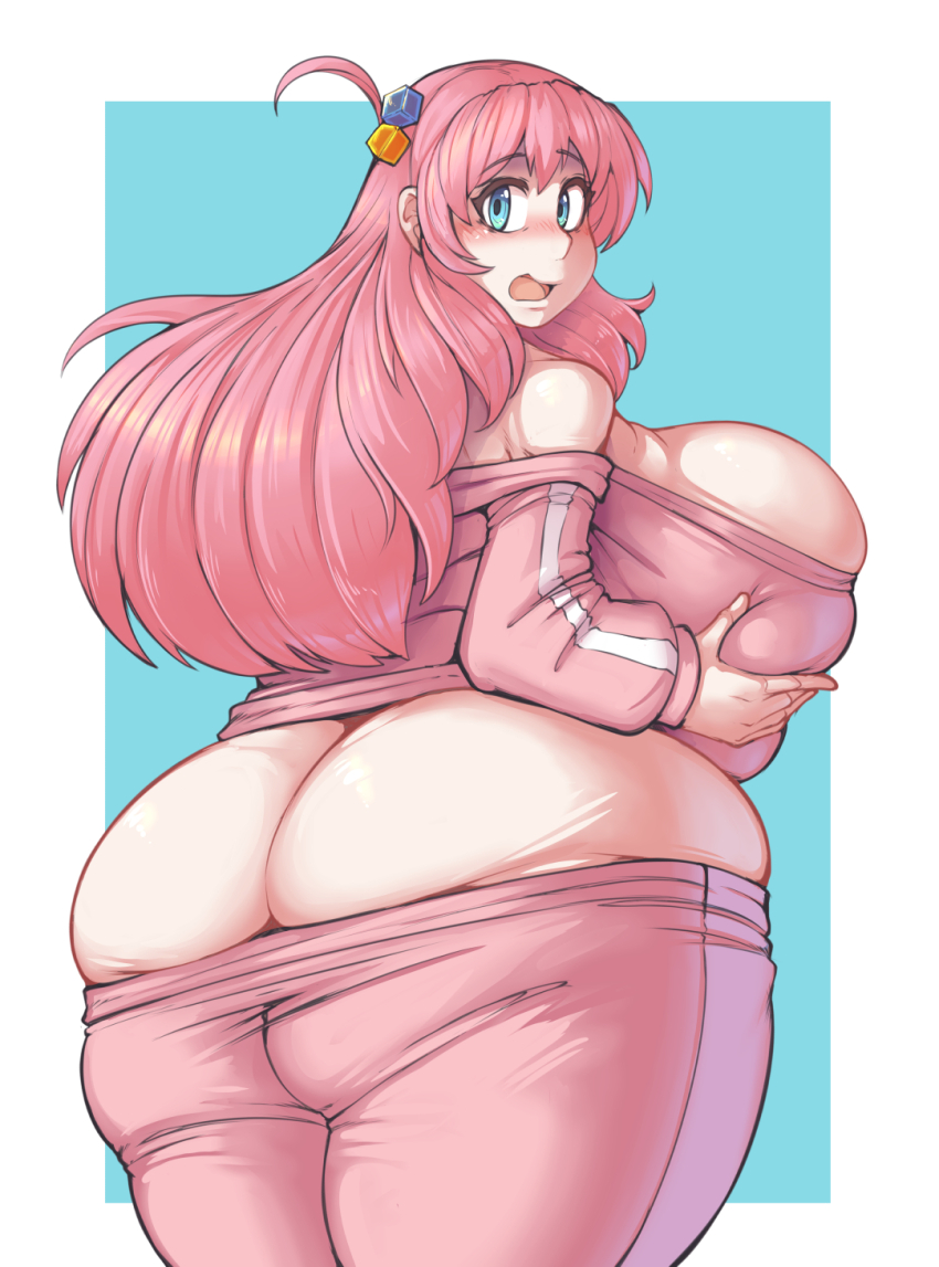 1girl ass blue_eyes blush bocchi_the_rock! breasts butt_crack clothes_pull deep_skin eyebrows_hidden_by_hair from_behind gigantic_breasts gotoh_hitori hair_bobbles hair_ornament hand_on_own_chest highres huge_ass huge_breasts kittenboogers long_hair looking_at_viewer open_mouth pants pants_pull pink_hair pink_pants pink_track_suit plump solo surprised thick_thighs thighs track_suit
