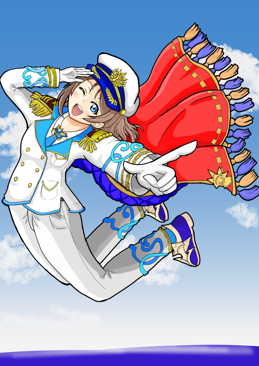 1girl absurdres aqua_neckwear arcadia_gwsns artist_name artist_request blue_eyes blue_shoes blue_sky blush cape cloud collarbone day female_focus full_body gloves grey_hair hat highres jump jumping light_brown_hair looking_at_viewer love_live! love_live!_sunshine!! military military_uniform one_eye_closed outdoors pants parted_lips pointing pointing_at_viewer red_cape salute shirt shoes short_hair sky smile solo watanabe_you white_gloves white_hat white_pants white_shirt