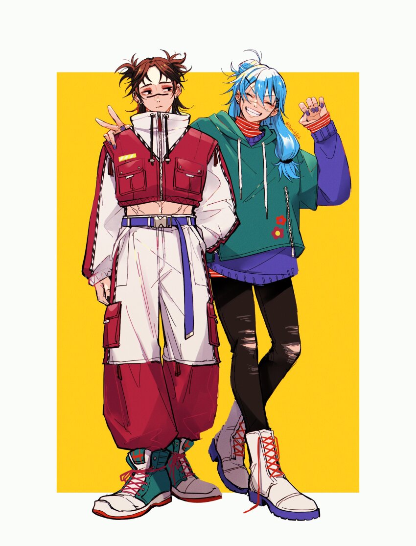 2boys absurdres akasuzu3641 alternate_costume artist_name belt black_eyes black_panties blue_belt blue_hair blue_sweater cargo_pants choso_(jujutsu_kaisen) closed_eyes closed_mouth crop_top cursed_spirit_(jujutsu_kaisen) double_bun ear_piercing earrings facial_mark full_body green_hoodie grin hair_between_eyes hair_bun hair_ornament hairclip hand_in_pocket hand_on_another&#039;s_shoulder highres hood hood_down hoodie inverted_cross_earrings jacket jewelry jujutsu_kaisen layered_clothes long_belt long_hair looking_at_another mahito_(jujutsu_kaisen) male_focus messy_hair midriff multicolored_jacket multiple_boys panties pants piercing purple_nails shoes short_hair single_earring smile sneakers standing stitched_face stitches striped_clothes striped_sweater sweater teeth toned toned_male torn_clothes torn_pants two-tone_jacket two-tone_sweater underwear v yellow_background zipper zipper_pull_tab