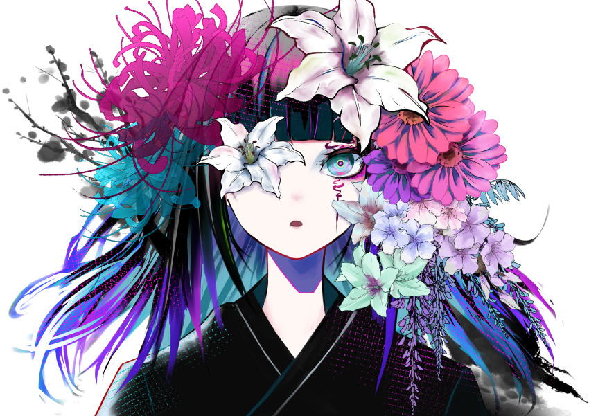 1girl :o absurdres aqua_eyes aqua_flower azalea_(flower) black_hair black_kimono blue_hair blunt_bangs commentary facial_mark floating_hair flower flower_over_eye flower_request green_flower green_streaks hair_flower hair_ornament highres japanese_clothes kimono lily_(flower) long_hair looking_at_viewer multicolored_hair original parted_lips pink_flower portrait purple_flower purple_hair solo spider_lily streaked_hair syakemayusan too_many_flowers white_background white_flower white_lily wisteria