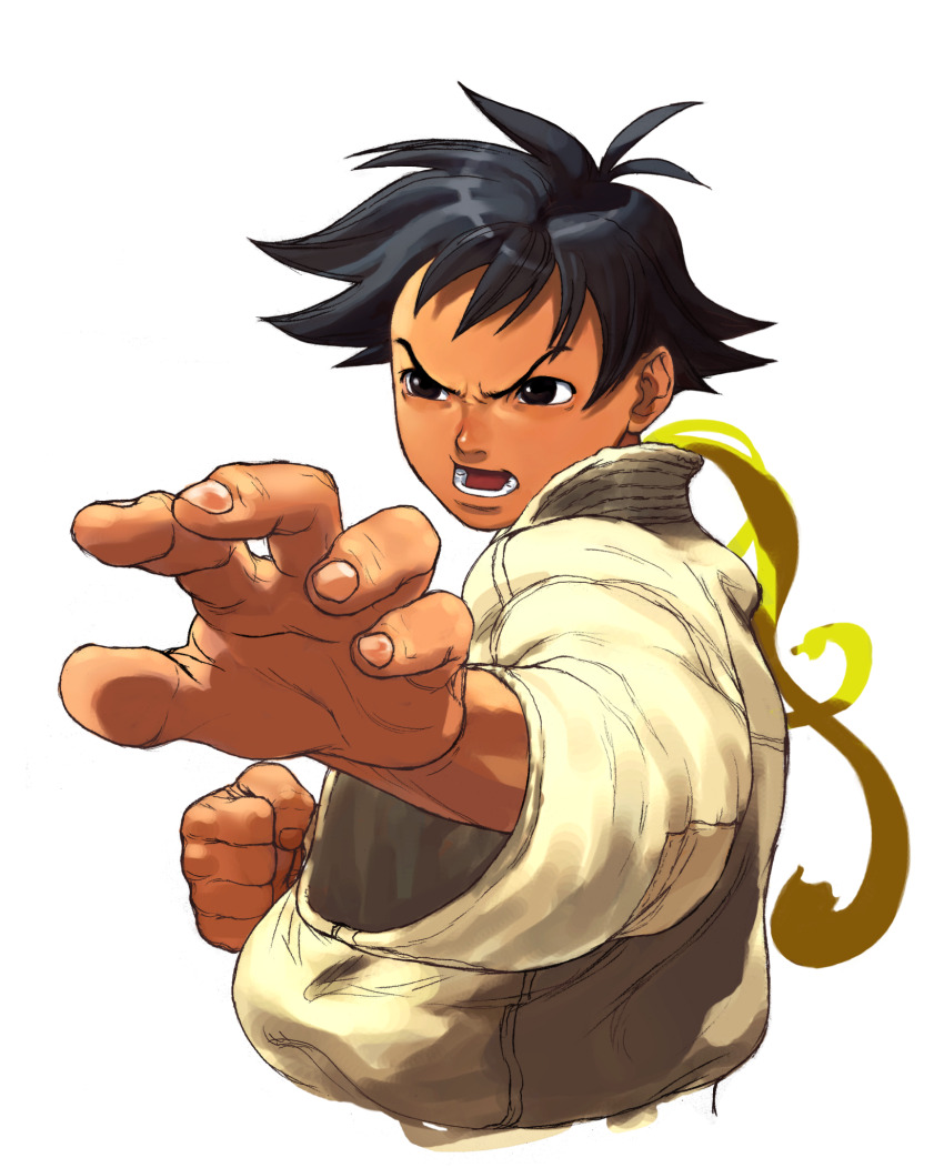 1girl black_hair brown_eyes choker clenched_hand dougi fighting_stance highres ikeno_daigo makoto_(street_fighter) official_art open_mouth outstretched_arm portrait ribbon_choker short_hair solo street_fighter street_fighter_iii_(series) tomboy toned toned_female yellow_choker