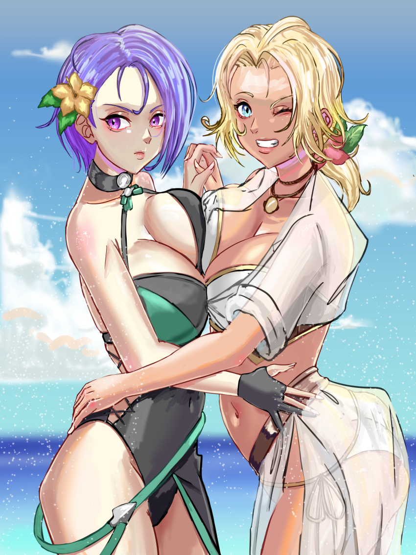 2girls alboeire ass asymmetrical_docking bikini black_choker black_one-piece_swimsuit blonde_hair blue_eyes breast_press breasts butt_crack catherine_(fire_emblem) catherine_(summer)_(fire_emblem) choker cleavage expressionless fire_emblem fire_emblem:_three_houses fire_emblem_heroes flower hair_flower hair_ornament highres large_breasts medallion multiple_girls nintendo official_alternate_costume one-piece_swimsuit one_eye_closed purple_eyes purple_hair see-through_clothes see-through_shirt see-through_skirt shamir_nevrand shamir_nevrand_(summer) shirt short_hair side-tie_bikini_bottom side_slit skirt smile swimsuit tan white_bikini white_shirt white_skirt yuri