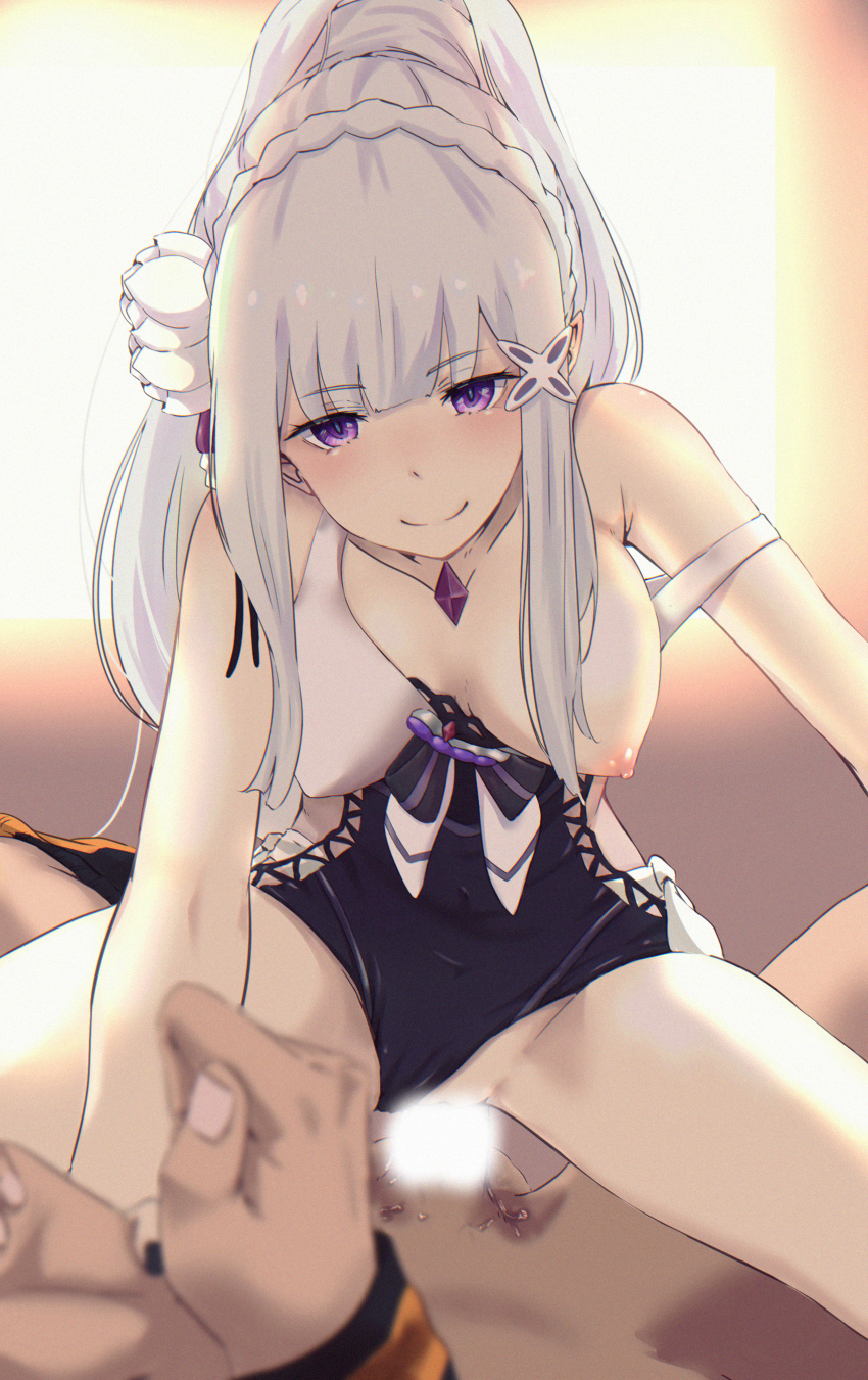 1boy 1girl absurdres assertive_female bare_shoulders bound braid breasts c: censored crown_braid emilia_(re:zero) femdom fingernails flower hair_flower hair_ornament hetero highres large_breasts light_censor long_hair looking_at_viewer natsuki_subaru nipples one_breast_out pov psyto_qy2 purple_eyes pussy_juice re:zero_kara_hajimeru_isekai_seikatsu seductive_smile sex sidelocks smile swimsuit thick_thighs thighs tied_up x_hair_ornament