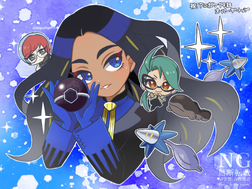 3girls black_hair black_jacket blue_background blue_eyes blue_gloves blue_shirt chibi chigu_(chiguchigu0112) clodsire commentary_request eyelashes game_freak geeta_(pokemon) glimmet gloves grin hands_up highres holding holding_tera_orb jacket long_hair long_sleeves looking_to_the_side multiple_girls neck_ribbon nintendo penny_(pokemon) pokemon pokemon_(creature) pokemon_sv ribbon rika_(pokemon) shirt smile sparkle teeth tera_orb watermark yellow_ribbon